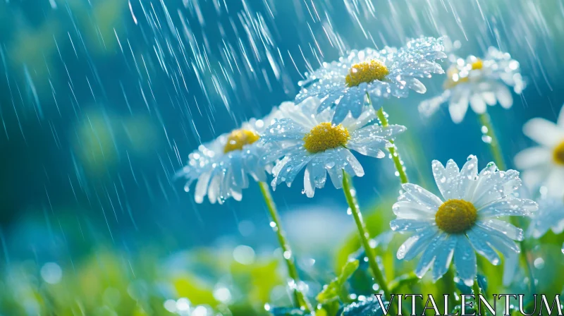 Rain-Drenched Daisies in Focus AI Image