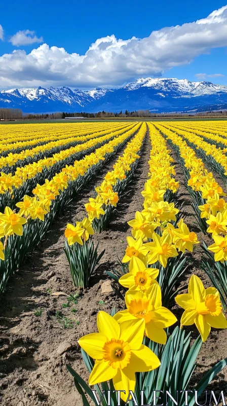 AI ART Stunning Yellow Daffodil Field with Mountain View