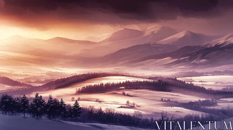 Sunset Over Snowy Mountains and Forest AI Image