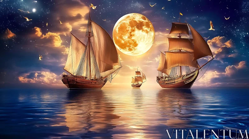 Sailing Ships in Moonlight AI Image