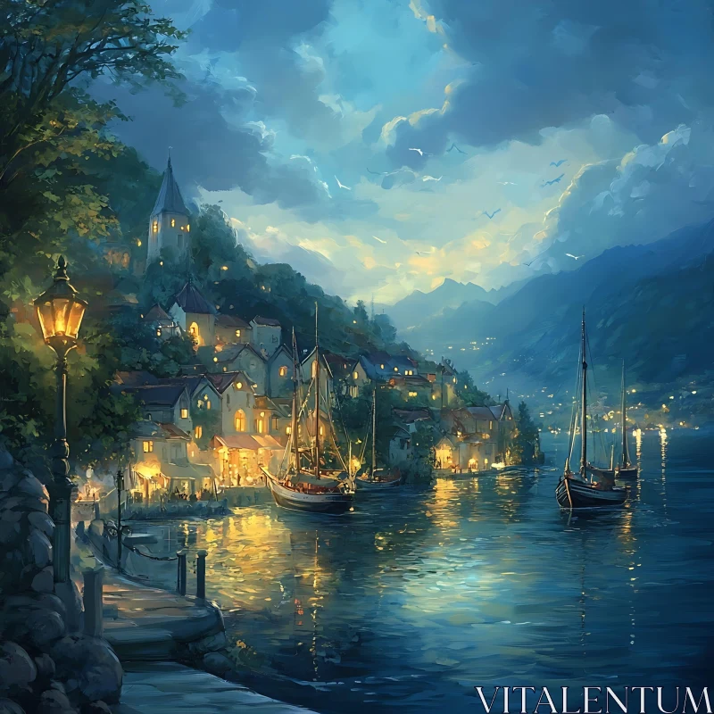 Tranquil Nighttime Harbor Village AI Image