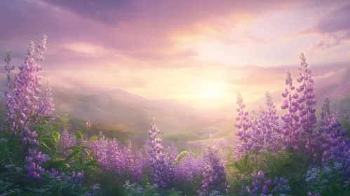 Peaceful Lupine Flower Field at Sunset with Mountains