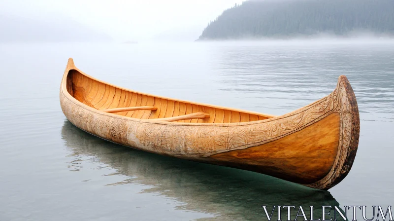 Intricately Carved Wooden Canoe on a Misty Water Surface AI Image