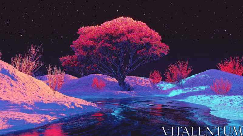 Vibrant Neon Nightscape with Pink Tree and Reflective Water AI Image