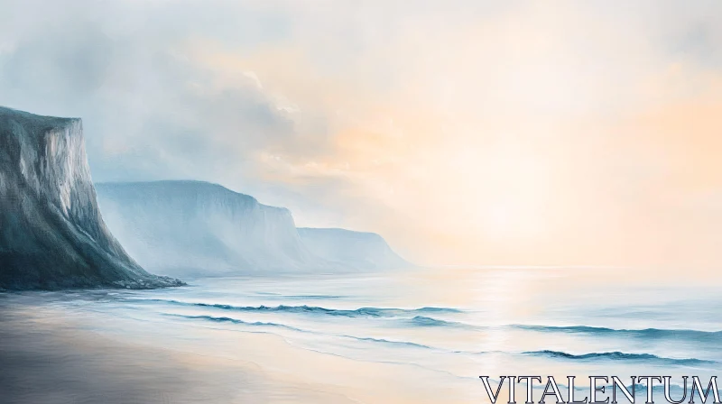 AI ART Tranquil Coastal Sunrise with Majestic Cliffs