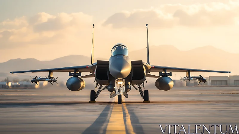 Sunset Scene with Advanced Military Jet on Runway AI Image