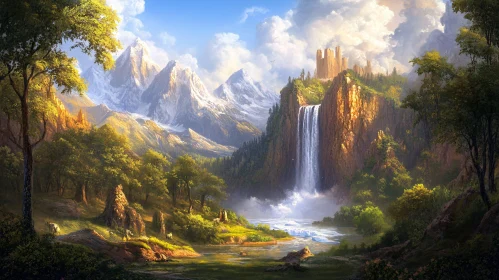 Serene Landscape with Waterfall and Castle