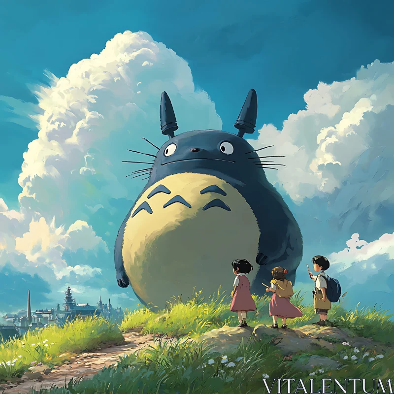 AI ART Heartwarming Anime Scene Featuring Enormous Creature and Children