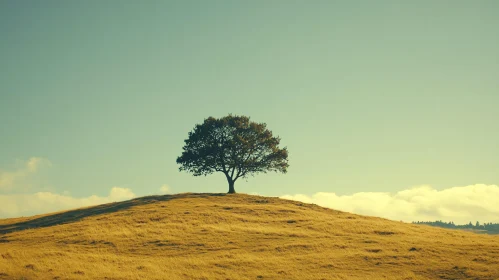 Lone Tree on a Serene Hilltop During Golden Hour