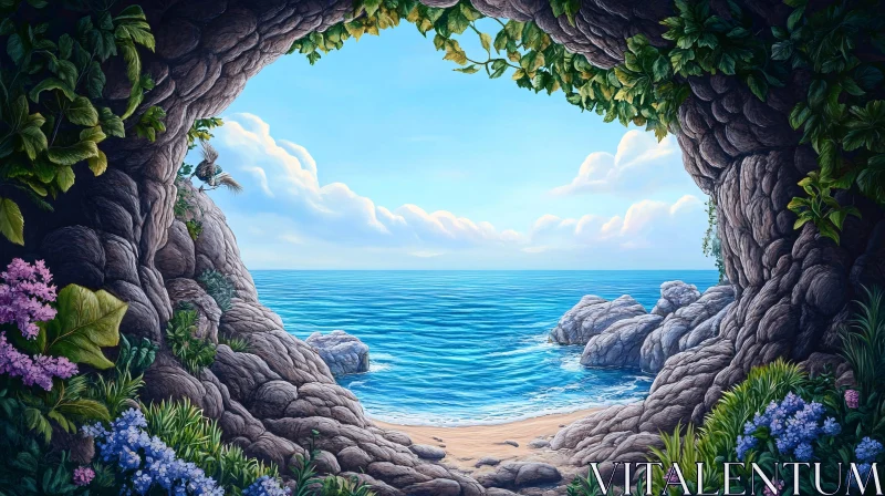 AI ART Cave Opening Overlooking a Peaceful Beach and Ocean