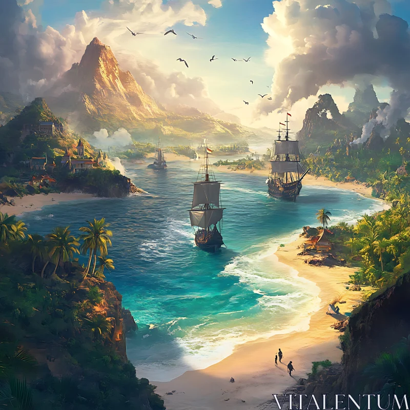 Serene Island Paradise with Anchored Ships and Mountains AI Image