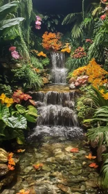 Tranquil Garden Waterfall with Orchids