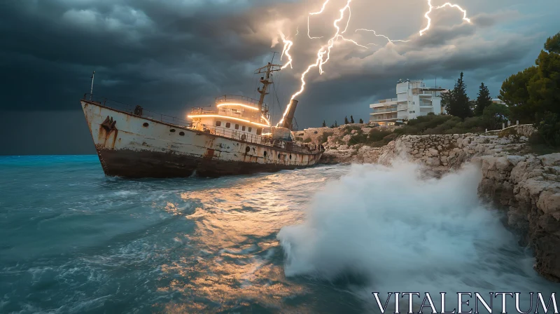 Shipwreck Under Stormy Skies with Lightning Strikes AI Image