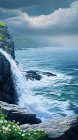 Waterfall Over Cliffs with Ocean View