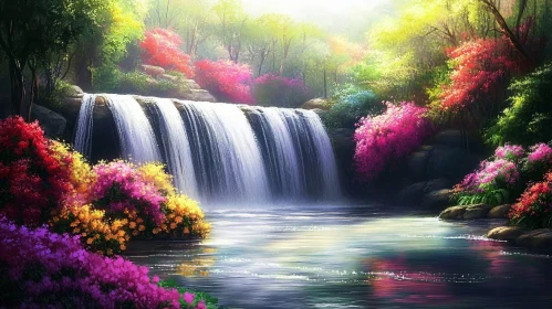 Tranquil Waterfall with Colorful Blossoms