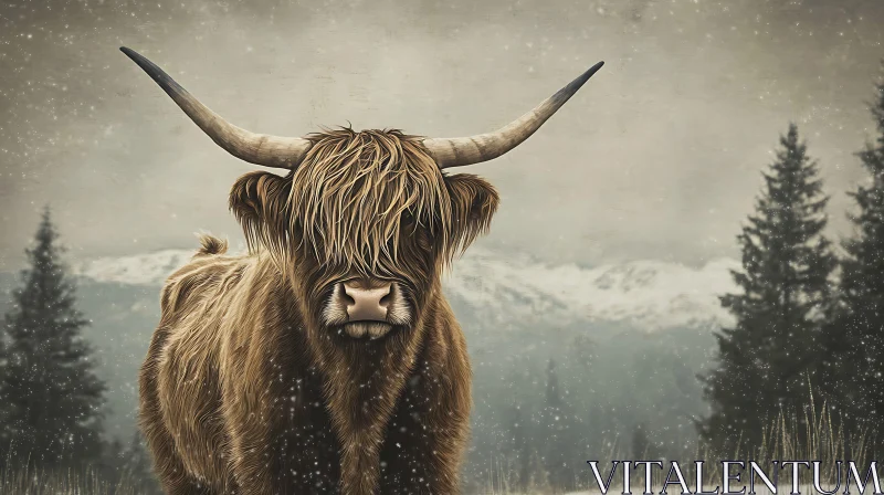 Majestic Highland Cow in Winter Scenery AI Image