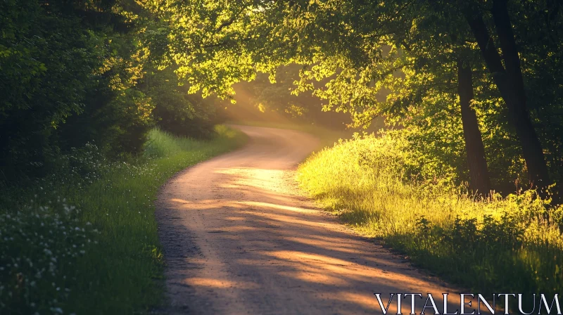 Sunlight Illuminated Forest Path AI Image