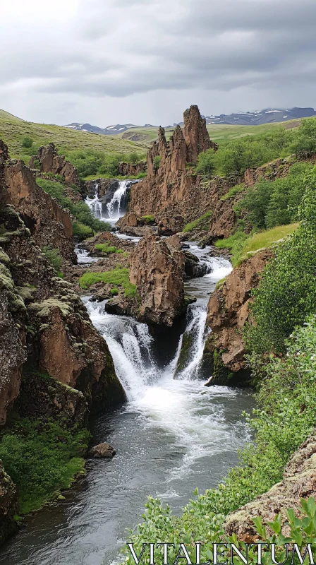 AI ART Tranquil Waterfall Landscape with Rocky Terrain and Greenery