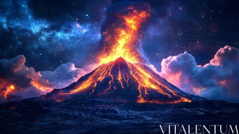 AI ART Fiery Volcano Eruption at Night