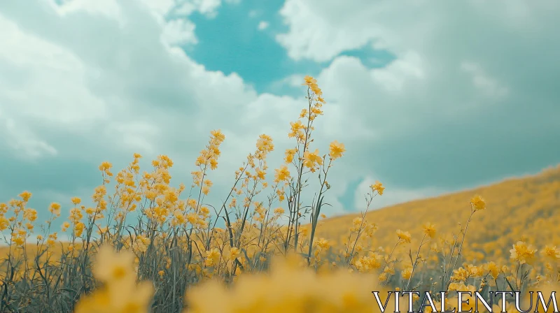 AI ART Spring Field with Yellow Flowers and Blue Sky