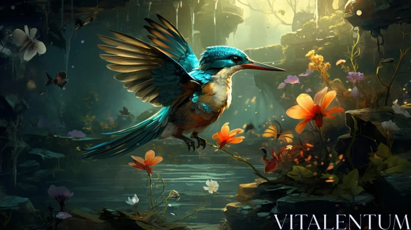 Enchanting Kingfisher in Flight near Waterfall - Nature Wonders Art AI Image