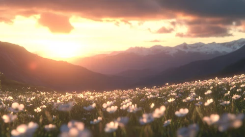 Tranquil Sunset with Wildflowers and Mountain Scenery