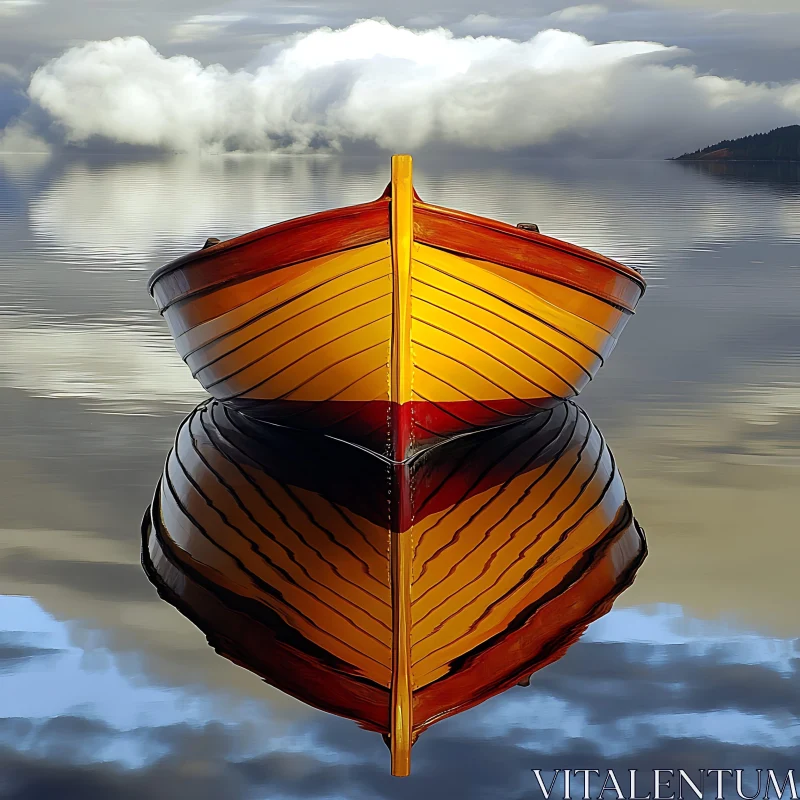 AI ART Serenity: Wooden Boat on Reflective Water