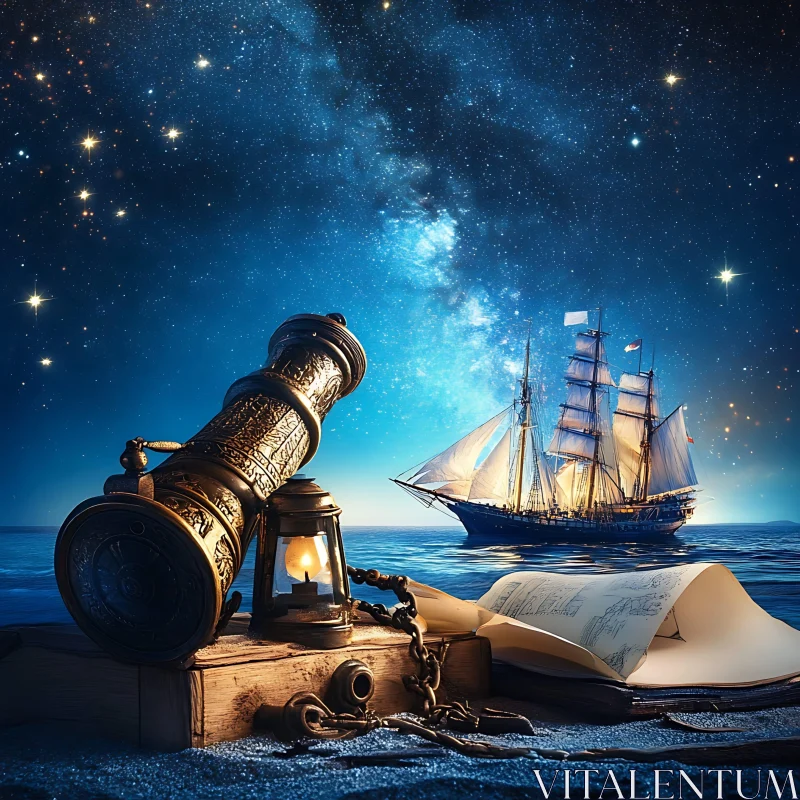 Nautical Adventure with Antique Telescope and Ship AI Image