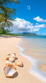 Scenic Tropical Beach with Palms and Seashells