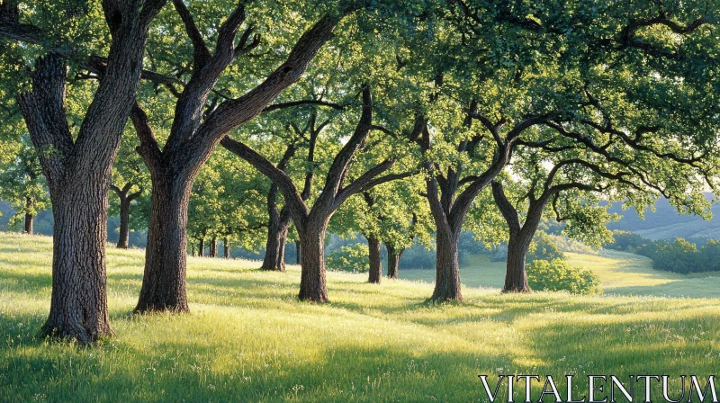 Sunlit Trees in a Tranquil Forest AI Image