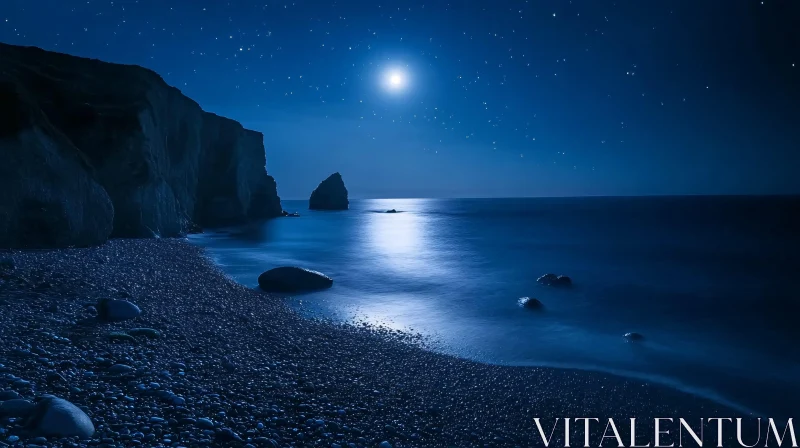 AI ART Nighttime Beach with Moon and Stars