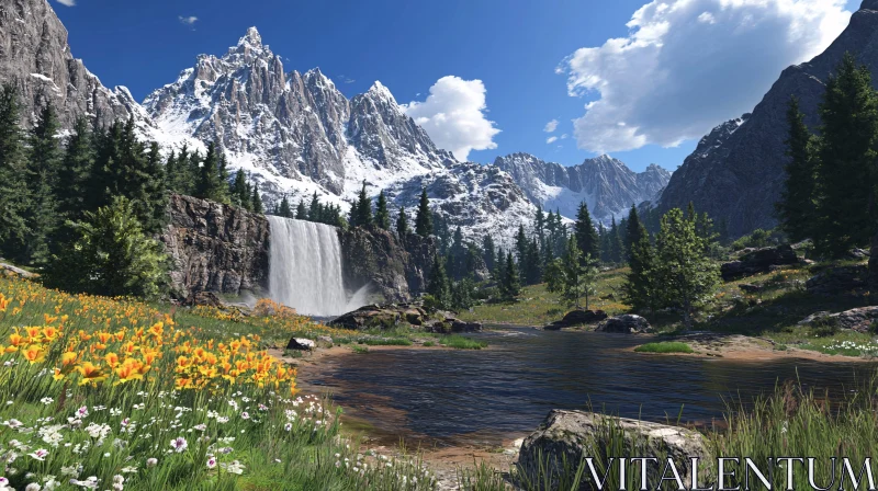 AI ART Peaceful Mountain Waterfall and Meadow Scene