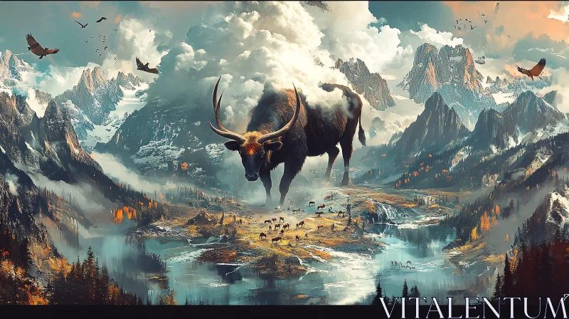 Giant Bull in a Mythical Mountainous Scene AI Image