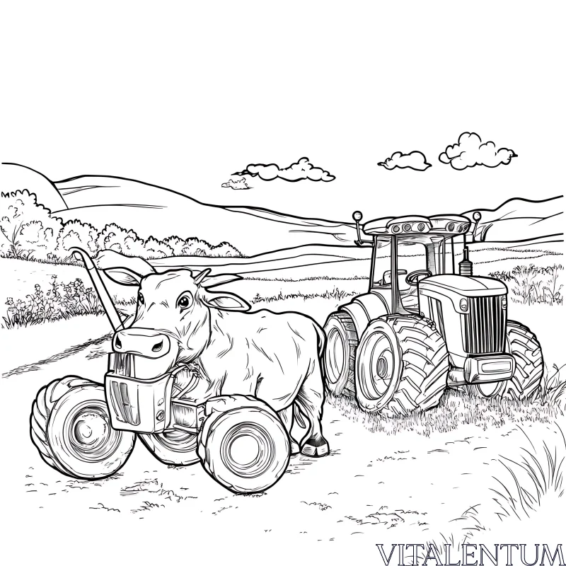 Farm Life Cartoon Cow-Tractor AI Image