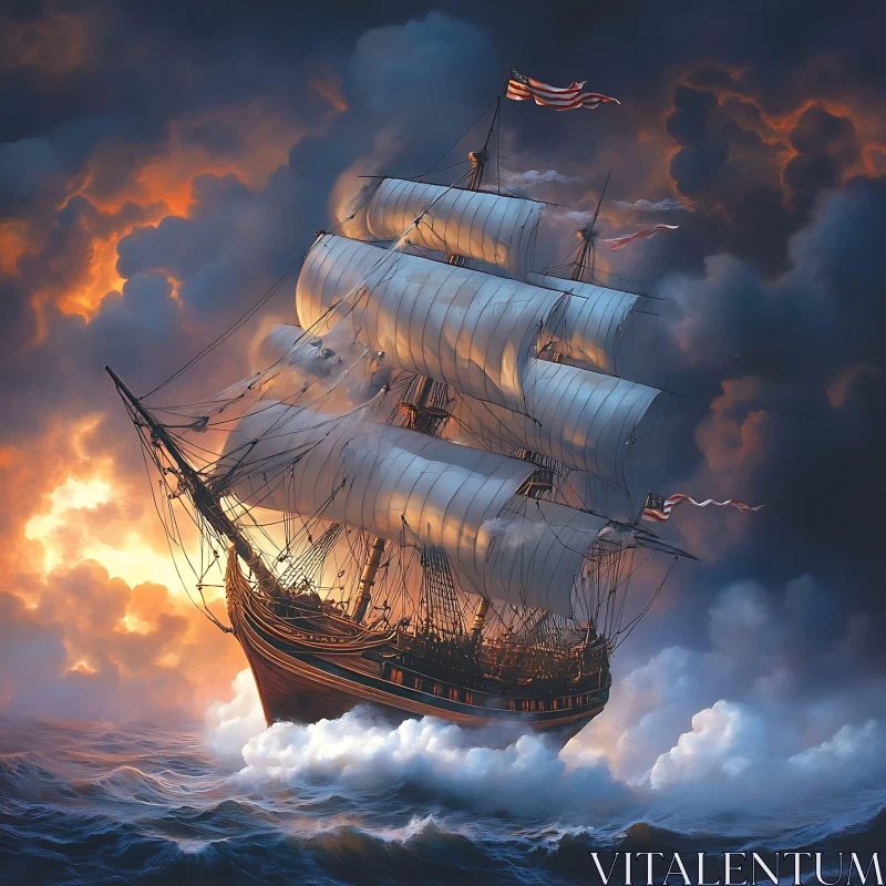 Sailing Ship Amidst Stormy Seas AI Image