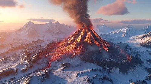 An Erupting Volcano in Snowy Landscape at Dawn