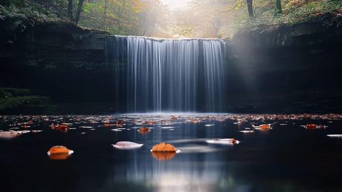 Tranquil Waterfall Surrounded by Autumn Leaves