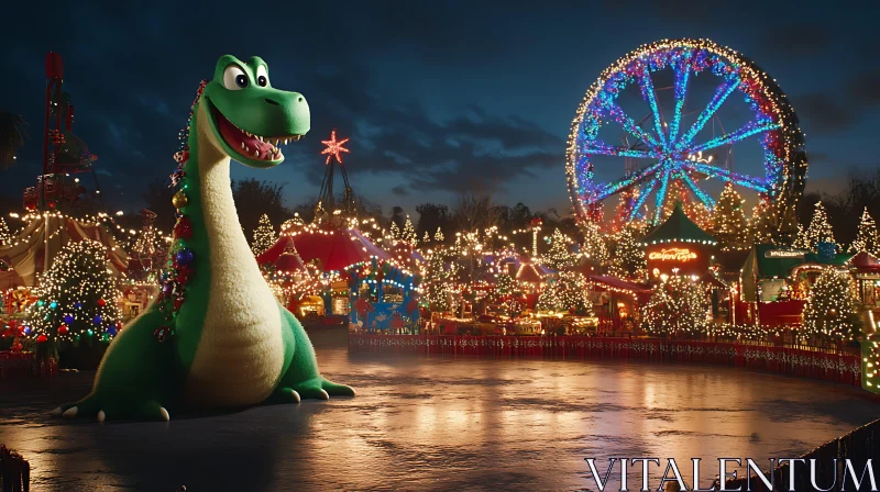 Giant Christmas Dinosaur in Holiday Park AI Image