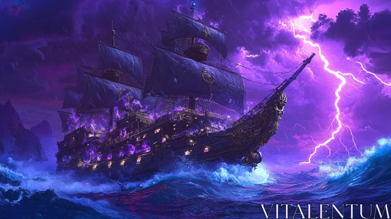 Enchanted Black Ship Battling the Ocean's Fury AI Image