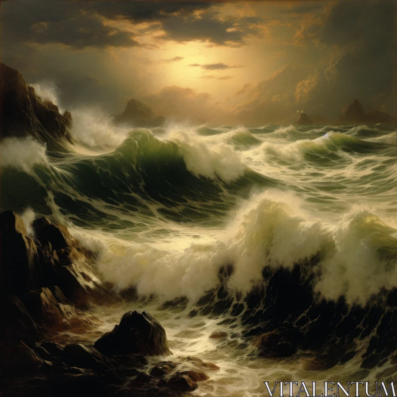 Enthralling Painting of a Stormy Sea Meeting the Shore AI Image