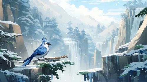 Snowy Woodland with Blue Bird and Waterfalls - Concept Art