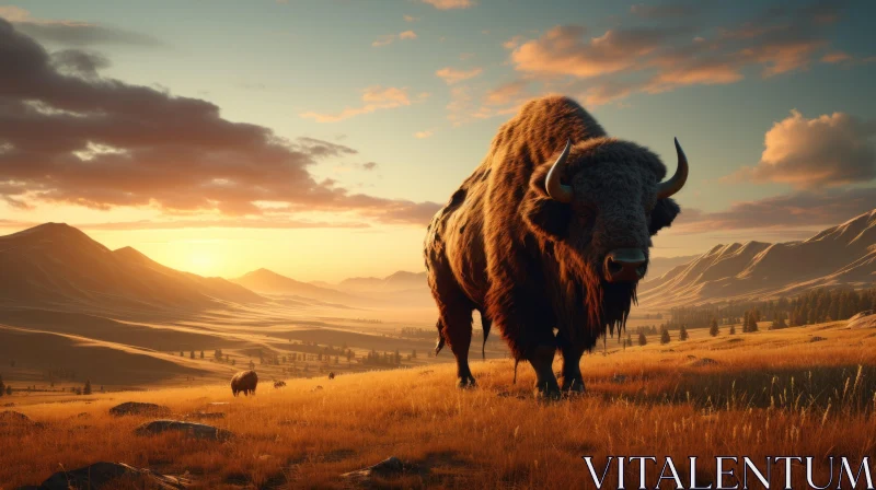 Wild Bison in Sunset - Unreal Engine 5 Rendered Scene AI Image