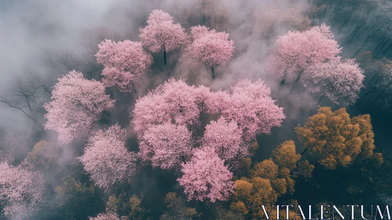 AI ART Fog-Engulfed Cherry Blossom Trees from Above