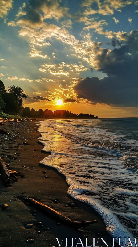 Golden Sunset at the Tranquil Beachfront AI Image