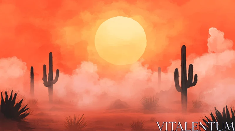 AI ART Ethereal Desert Sunset with Cacti and Fog