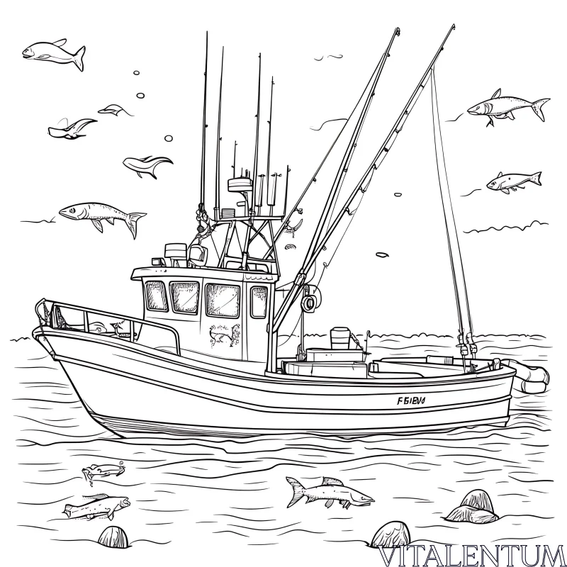 AI ART Fishing Boat Illustration with Fish