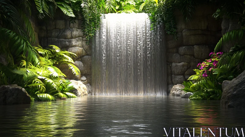 Peaceful Waterfall in Lush Tropical Setting AI Image