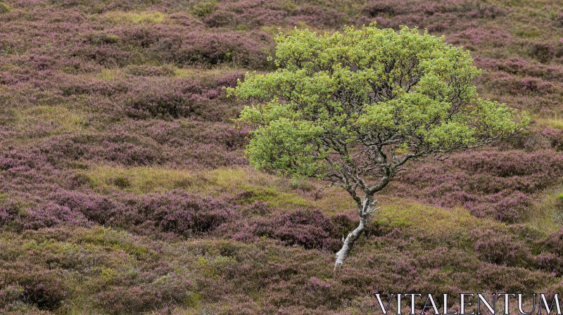 AI ART Graceful Tree Amidst Purple Heather