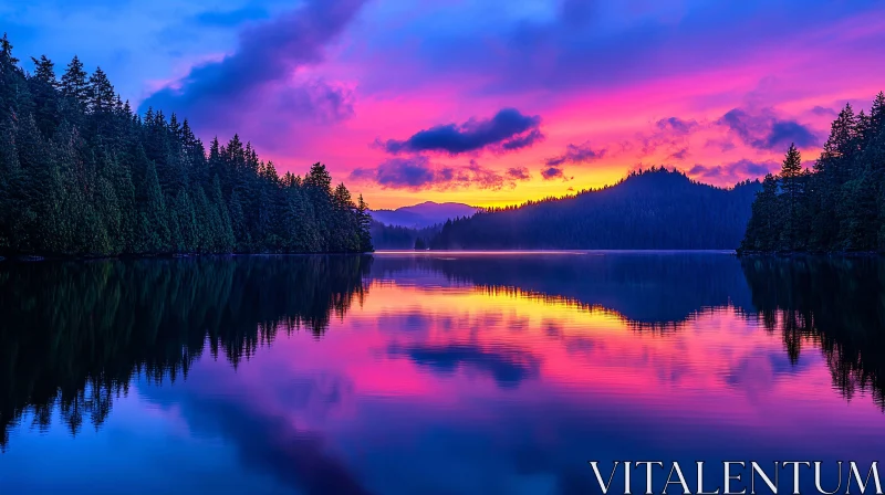 AI ART Tranquil Lake Sunset with Vibrant Sky and Forest Reflection