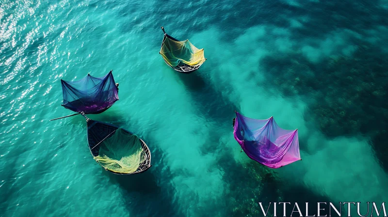 Aerial View of Boats with Colorful Nets AI Image